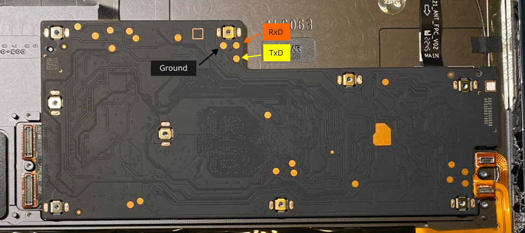 Location of test points for UART on the Smart Paper motherboard